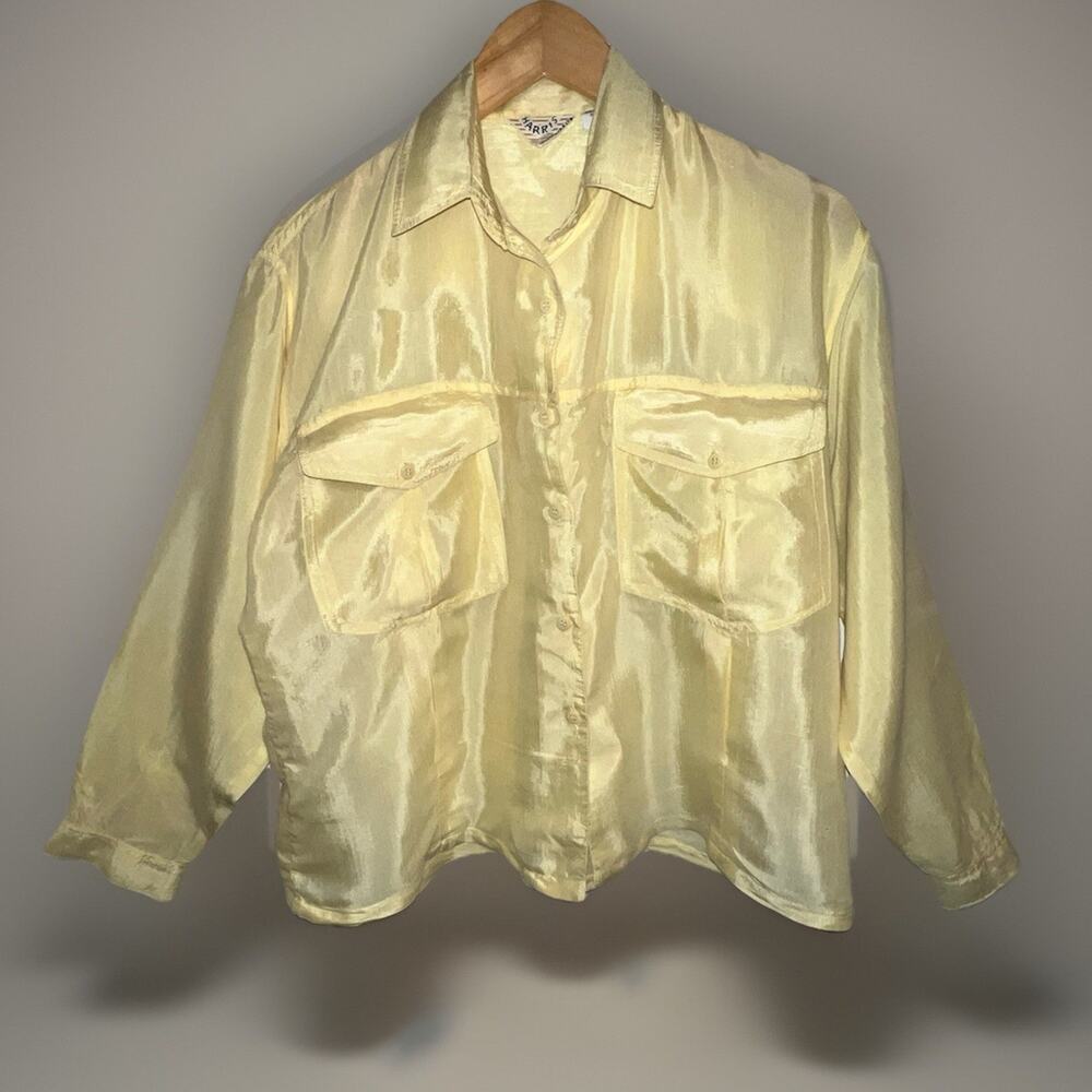 VTG Silky Buttery Yellow Rayon Blouse Harris Sportswear Pocket Secretary Top M
